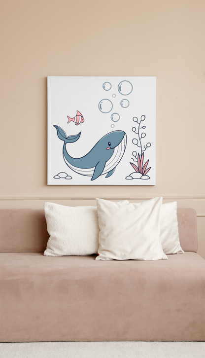 Cadre décoratif marin avec baleine joyeuse, style vectoriel et ambiance apaisante