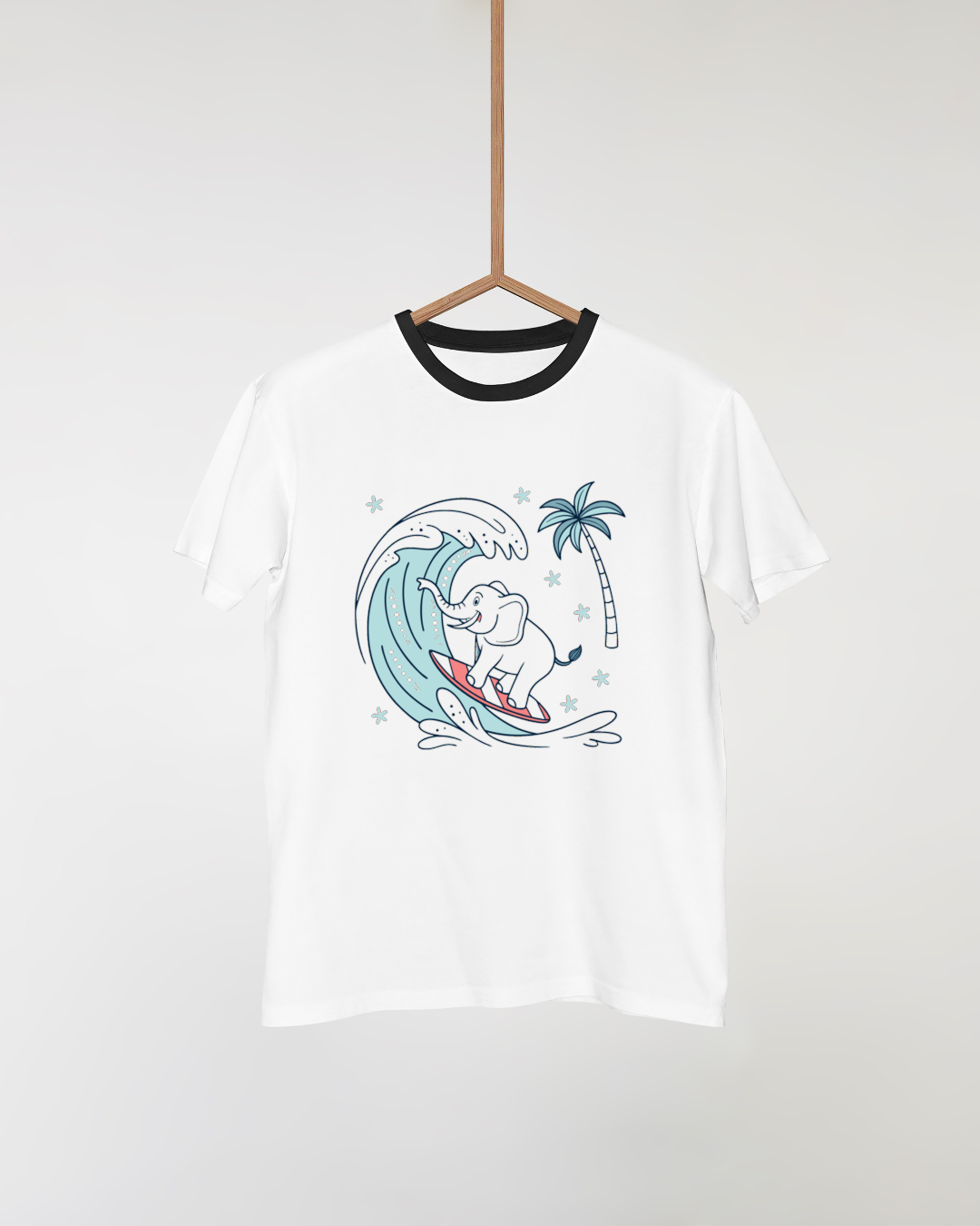 T-shirt tropical avec éléphant surfeur dynamique et joyeux motif vif et estival
