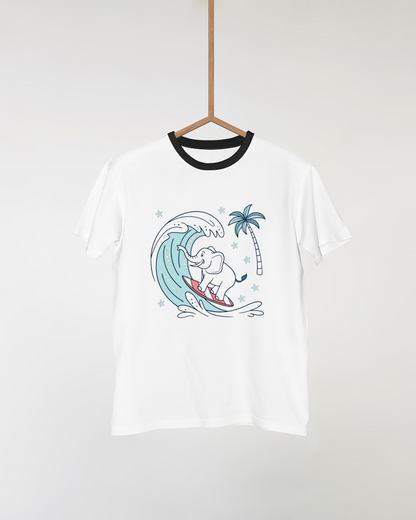 T-shirt tropical avec éléphant surfeur dynamique et joyeux motif vif et estival