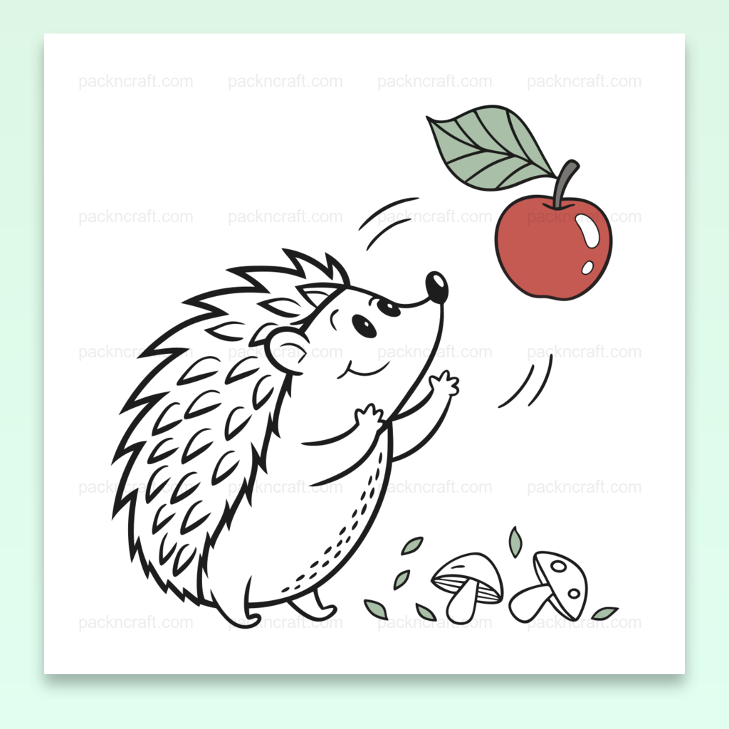 Illustration SVG doodle d'un hérisson joyeux avec pomme, pour décoration et papeterie.