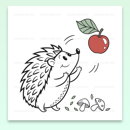 Illustration SVG doodle d'un hérisson joyeux avec pomme, pour décoration et papeterie.