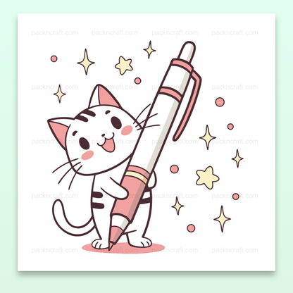 Illustration de chat heureux avec stylo, style kawaii pastel, pour projets éducatifs.