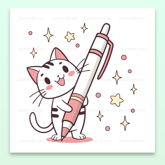 Illustration de chat heureux avec stylo, style kawaii pastel, pour projets éducatifs.