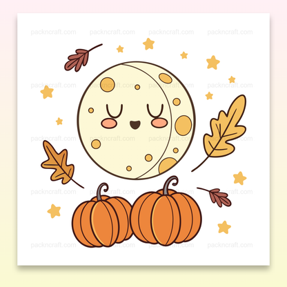 Illustration kawaii d'une lune endormie avec des citrouilles et des feuilles d'automne, idéale pour déco et DIY.