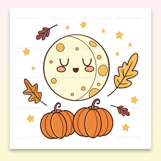 Illustration kawaii d'une lune endormie avec des citrouilles et des feuilles d'automne, idéale pour déco et DIY.