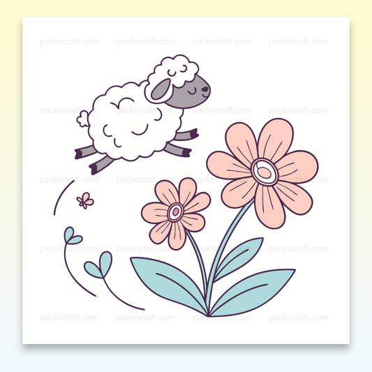 Mouton sautillant parmi des fleurs pastel. Illustration numérique pour DIY et déco.