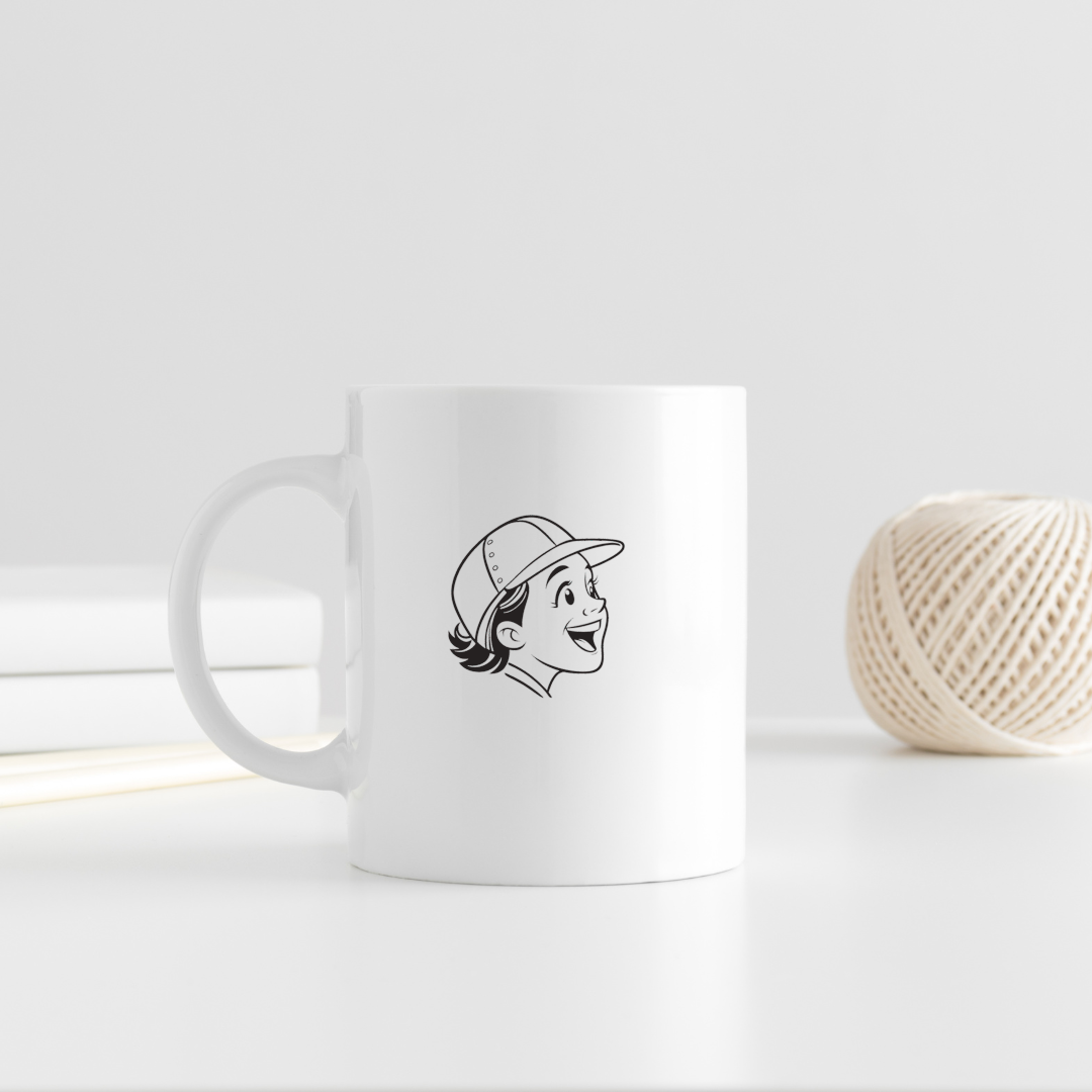 Mug avec un jeune garçon exprimant joie dans un style graphique enfantin