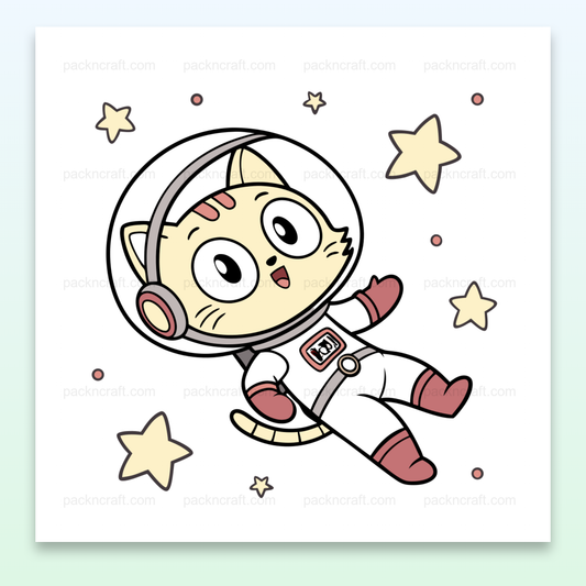 Chat astronaute joyeux flottant dans l'espace, parfait pour projets créatifs.