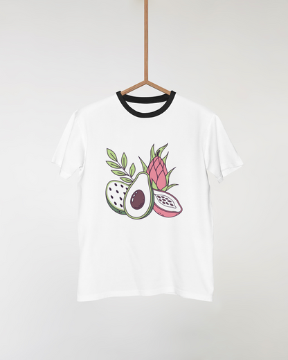 T-shirt coloré avec design avocat et fruit du dragon dans un style exotique vibrant