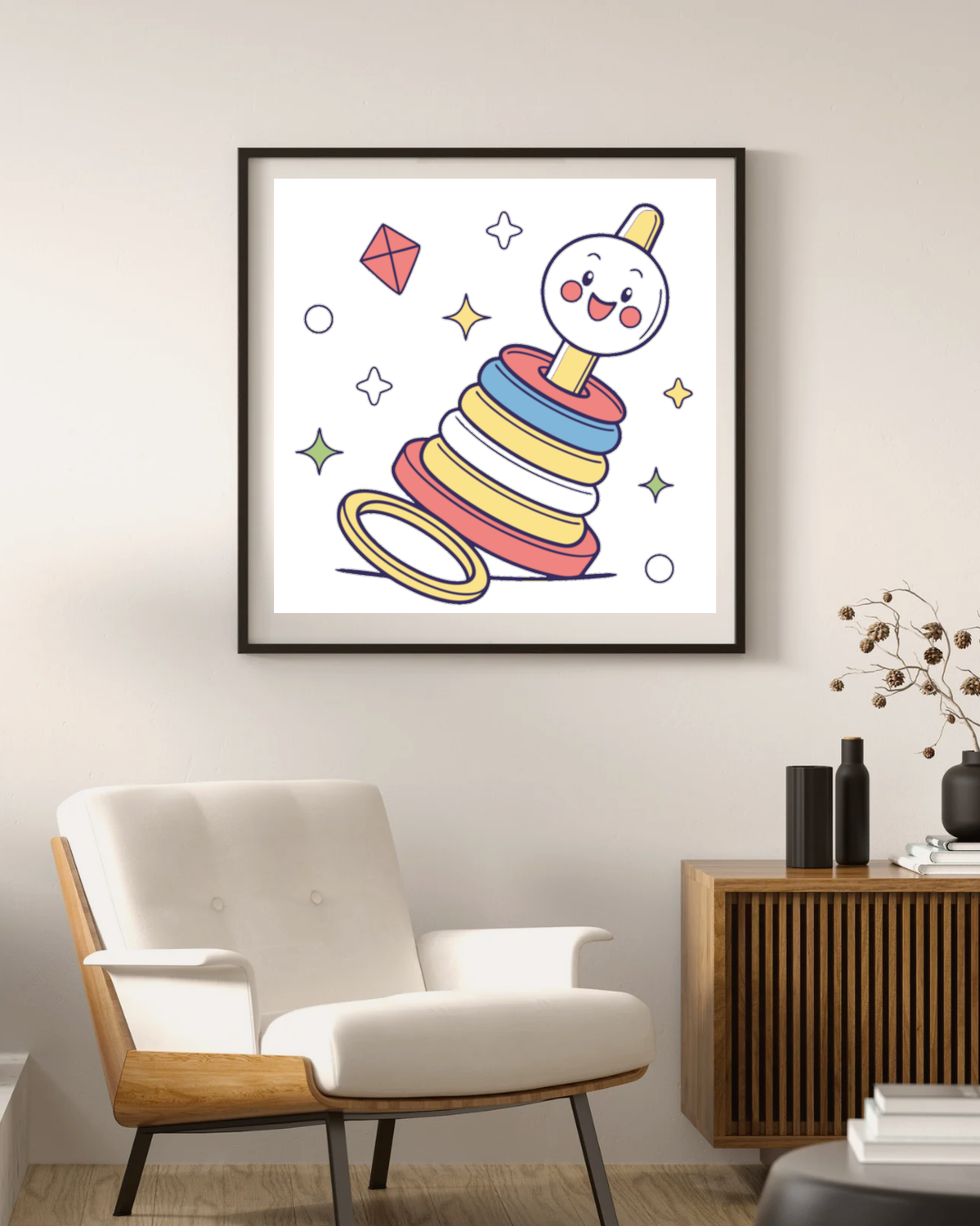 Cadre d'art vintage avec un jouet anneaux coloré pour décoration murale