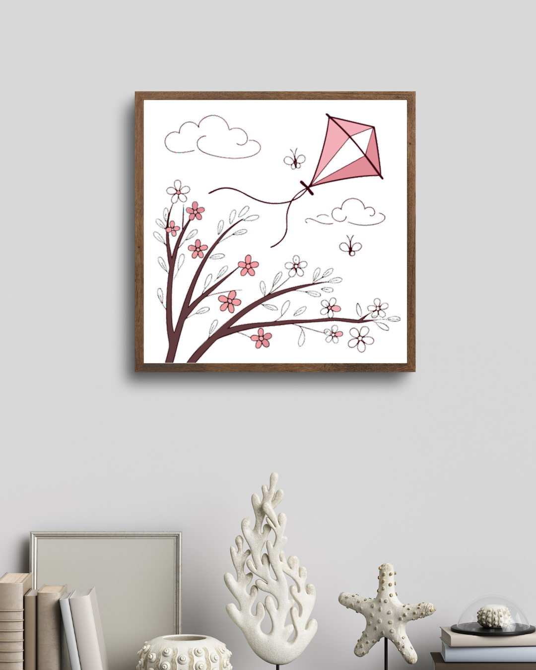 Cadre avec cerf-volant printanier pastel sur fond fleuri, parfait pour le printemps