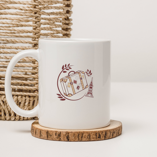 Mug décoré d'une icône style vectoriel classique évoquant une valise vintage
