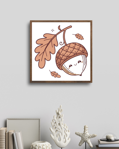 Cadre avec icône doodle automnal de gland souriant affiché en décor mural