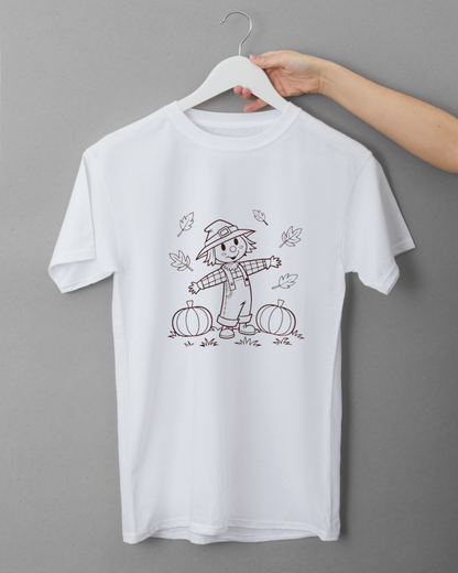 T-shirt avec épouvantail amusant et citrouilles minimalistes pour un look automnal