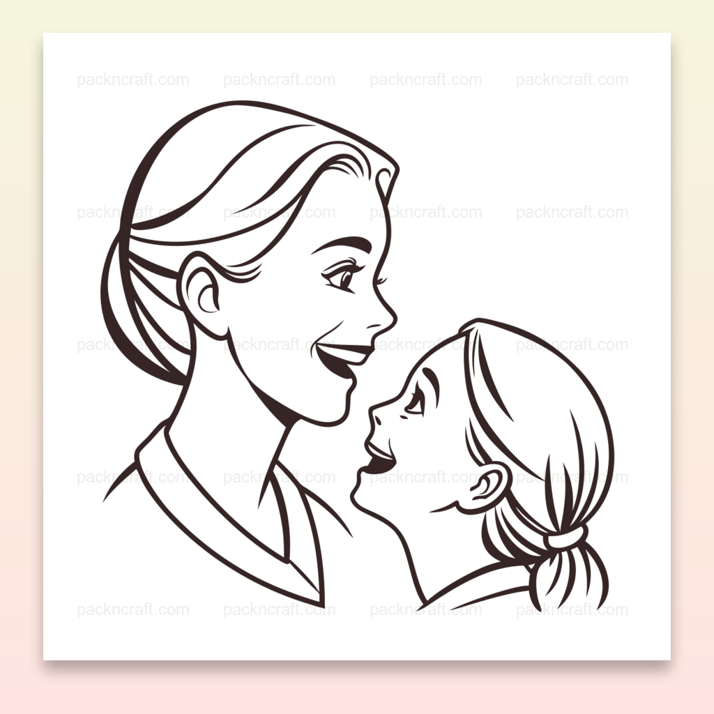 Illustration d'une mère et sa fille échangeant un sourire, idéale pour projets éducatifs et déco.