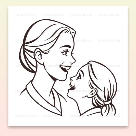 Illustration d'une mère et sa fille échangeant un sourire, idéale pour projets éducatifs et déco.