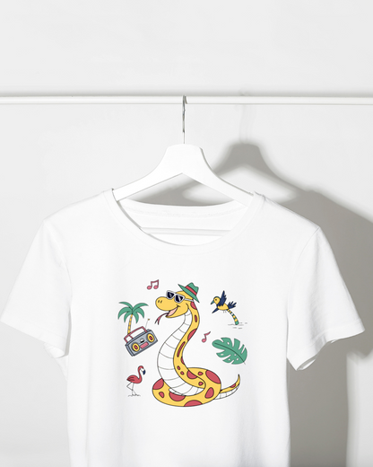 T-shirt amusant motif serpent dansant style tropical animé vibrant et estival