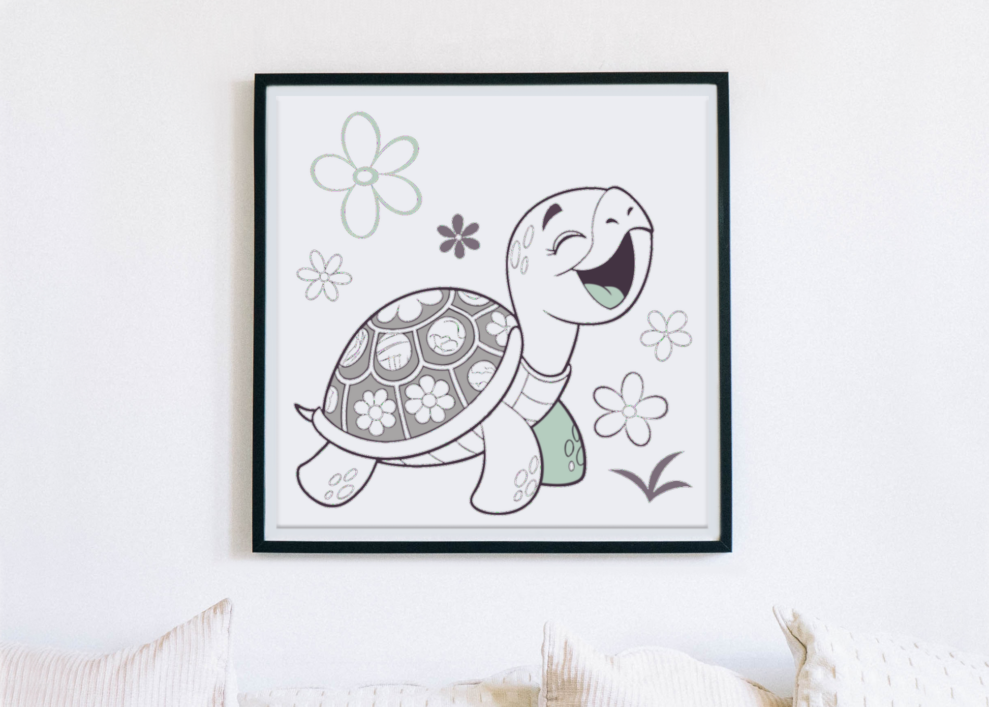 Cadre avec tortue joyeuse dans un jardin printanier style dessin digital
