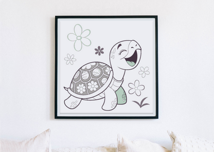 Cadre avec tortue joyeuse dans un jardin printanier style dessin digital