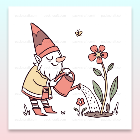 Illustration d'un nain de jardin arrosant une fleur, parfaite pour projets DIY et déco.