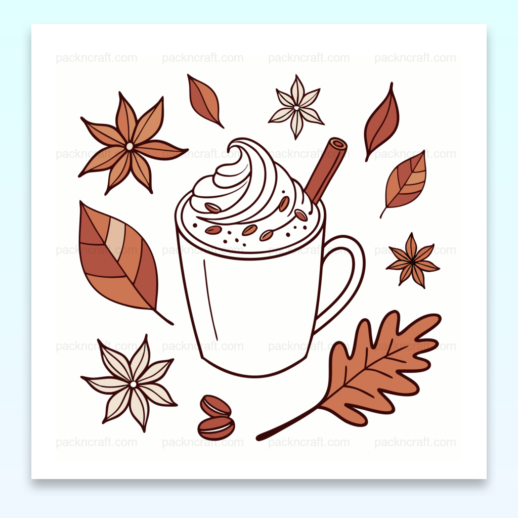 Illustration de latté crémeux avec feuillage automnal, idéale pour papeterie et DIY.