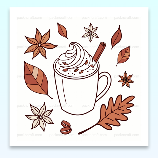 Illustration de latté crémeux avec feuillage automnal, idéale pour papeterie et DIY.