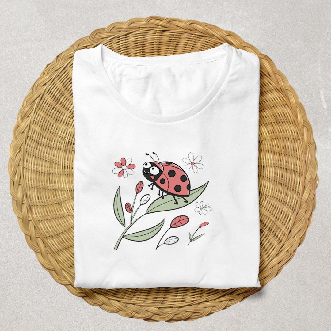 T-shirt avec coccinelle joyeuse style doodle dans un jardin coloré