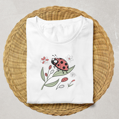 T-shirt avec coccinelle joyeuse style doodle dans un jardin coloré