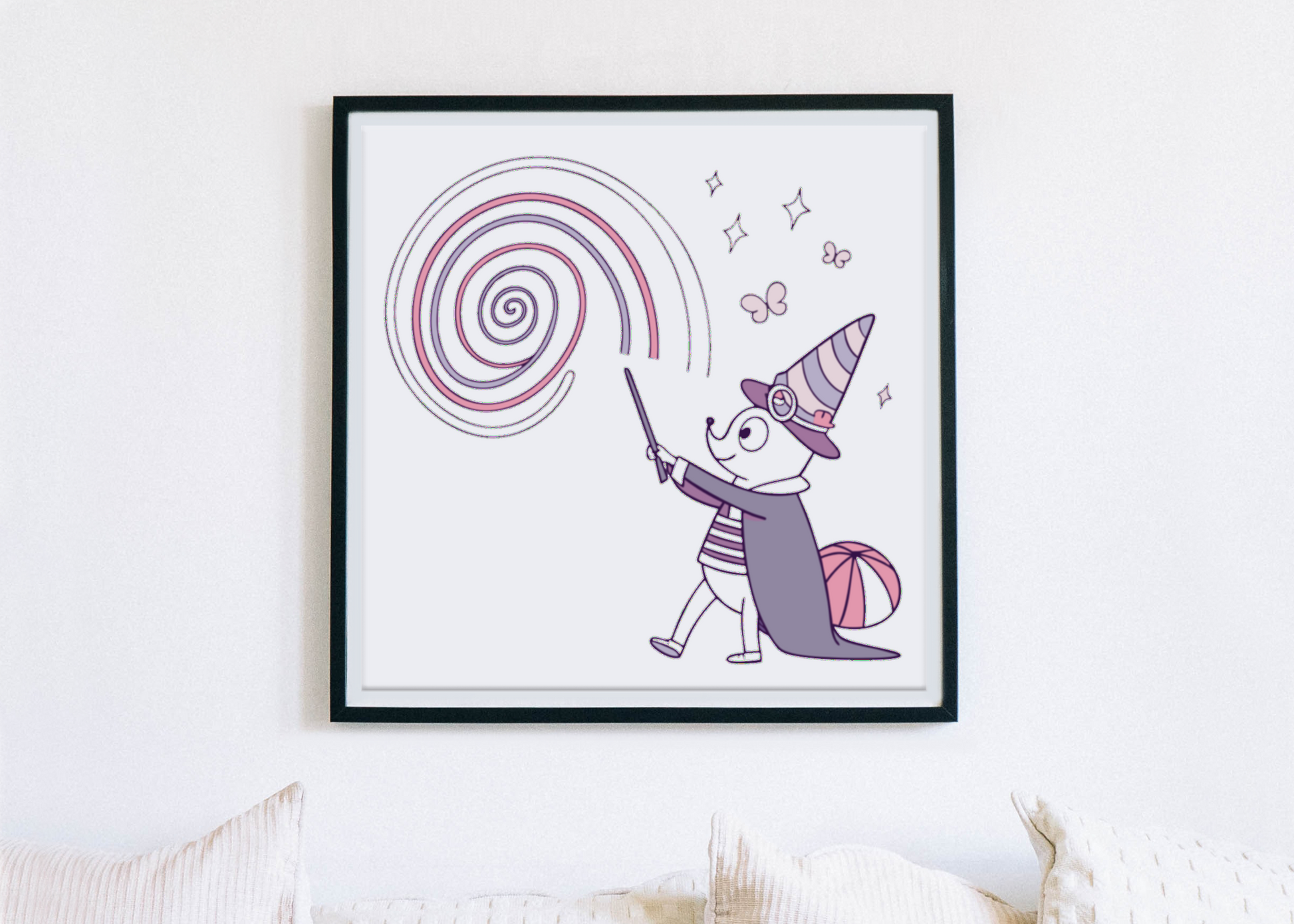 Cadre avec écureuil magicien pastel créant des spirales de magie fantaisie