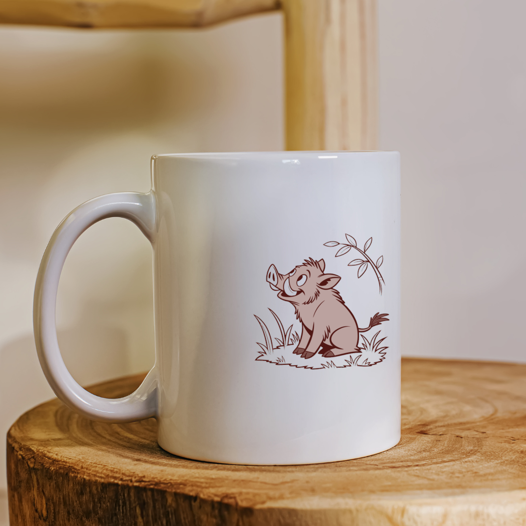 Mug avec un sanglier joyeux dans les herbes en style monochrome forestier