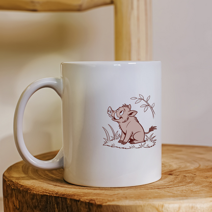 Mug avec un sanglier joyeux dans les herbes en style monochrome forestier