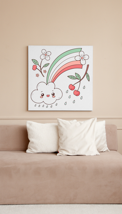 Cadre avec icône kawaii de nuage joyeux aux couleurs arc-en-ciel printanier