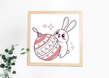 Cadre élégant avec lapin joyeux et boule de Noël, parfait pour les fêtes hivernales