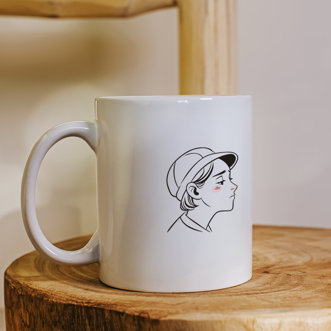 Mug au design urbain avec profil de garçon rêveur en style minimaliste