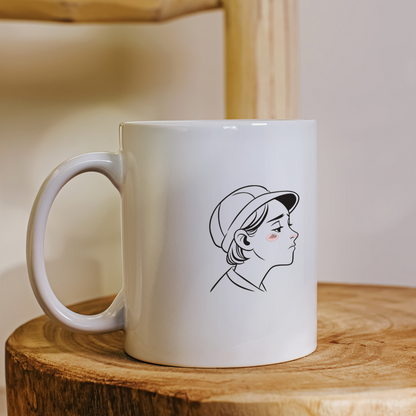 Mug au design urbain avec profil de garçon rêveur en style minimaliste