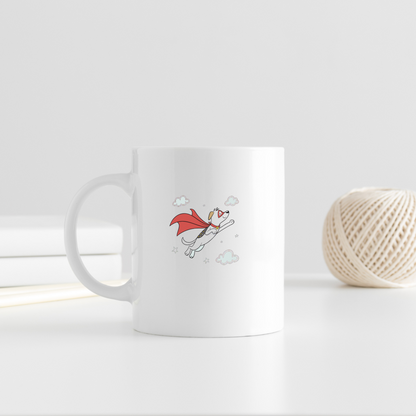 Mug décoré d'un chien en super-héros prêt à s'envoler style cartoon aventure