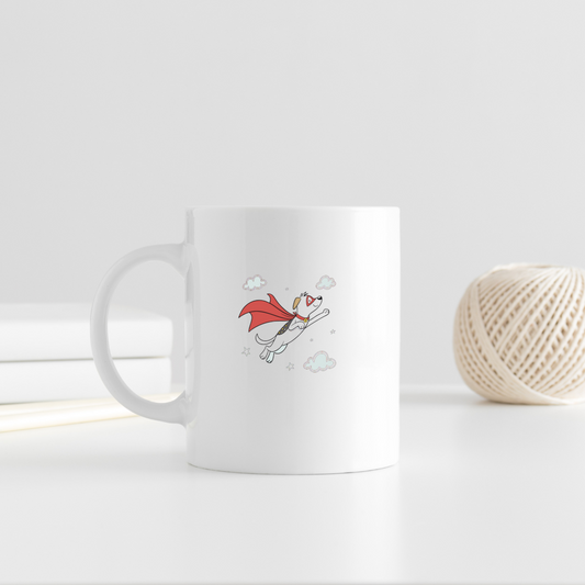 Mug décoré d'un chien en super-héros prêt à s'envoler style cartoon aventure