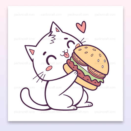 Illustration de chat kawaii câlinant un burger pour projets DIY et papeterie.