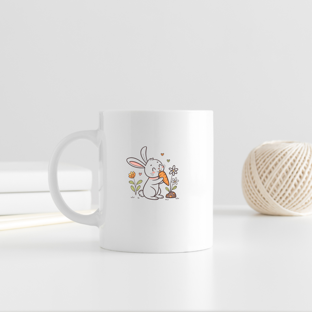 Mug printanier avec lapin kawaii mangeant une carotte fleuri et joyeux