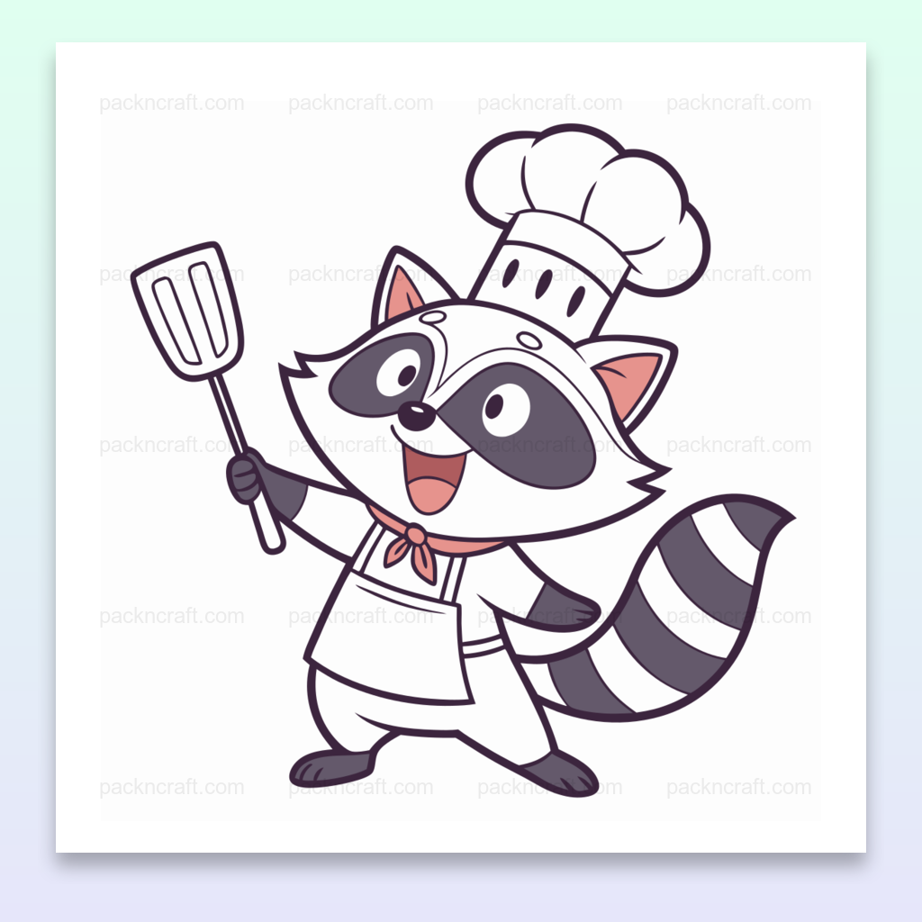 Illustration kawaii de raton-laveur cuisinier tenant une spatule, idéal pour déco de cuisine et projets créatifs.