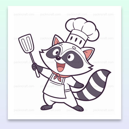 Illustration kawaii de raton-laveur cuisinier tenant une spatule, idéal pour déco de cuisine et projets créatifs.
