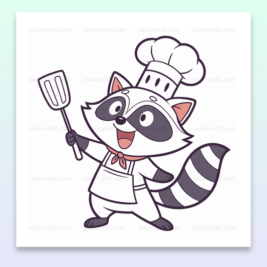 Illustration kawaii de raton-laveur cuisinier tenant une spatule, idéal pour déco de cuisine et projets créatifs.