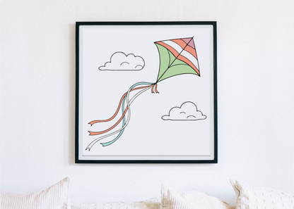 Cadre avec cerf-volant multicolore planant, symbole de liberté et de créativité