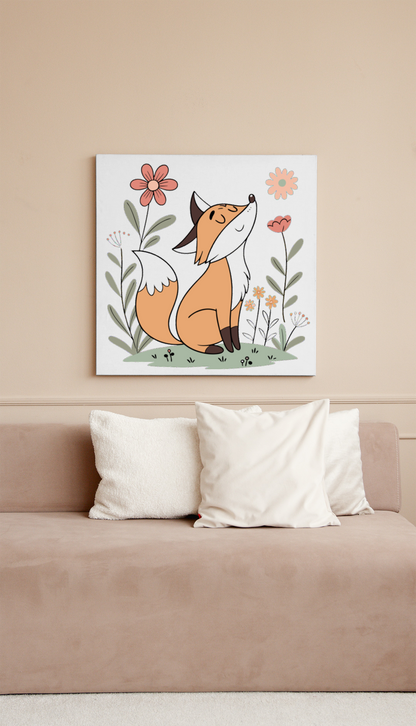 Cadre décoratif avec renard en style pastel dans un jardin fleuri paisible