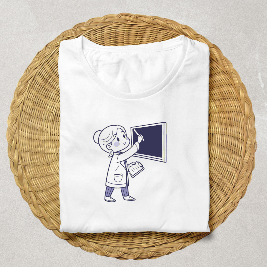 T-shirt avec design éducatif représentant une enseignante réfléchissant en monochrome