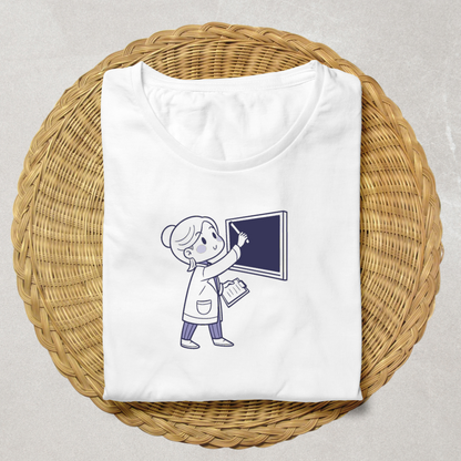T-shirt avec design éducatif représentant une enseignante réfléchissant en monochrome
