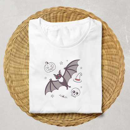 T-shirt avec motif Halloween affichant une chauve-souris au sourire radieux