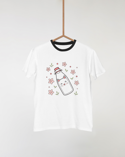 T-shirt fantaisie avec chat kawaii en bouteille entouré de fleurs printanières