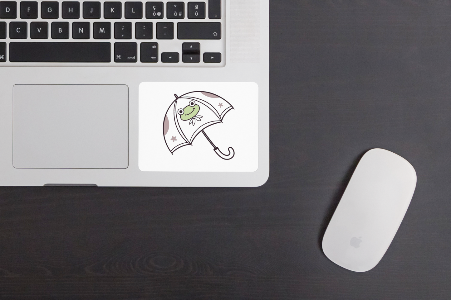 Sticker décoratif montrant une grenouille souriante sous un parapluie pastel iridescent