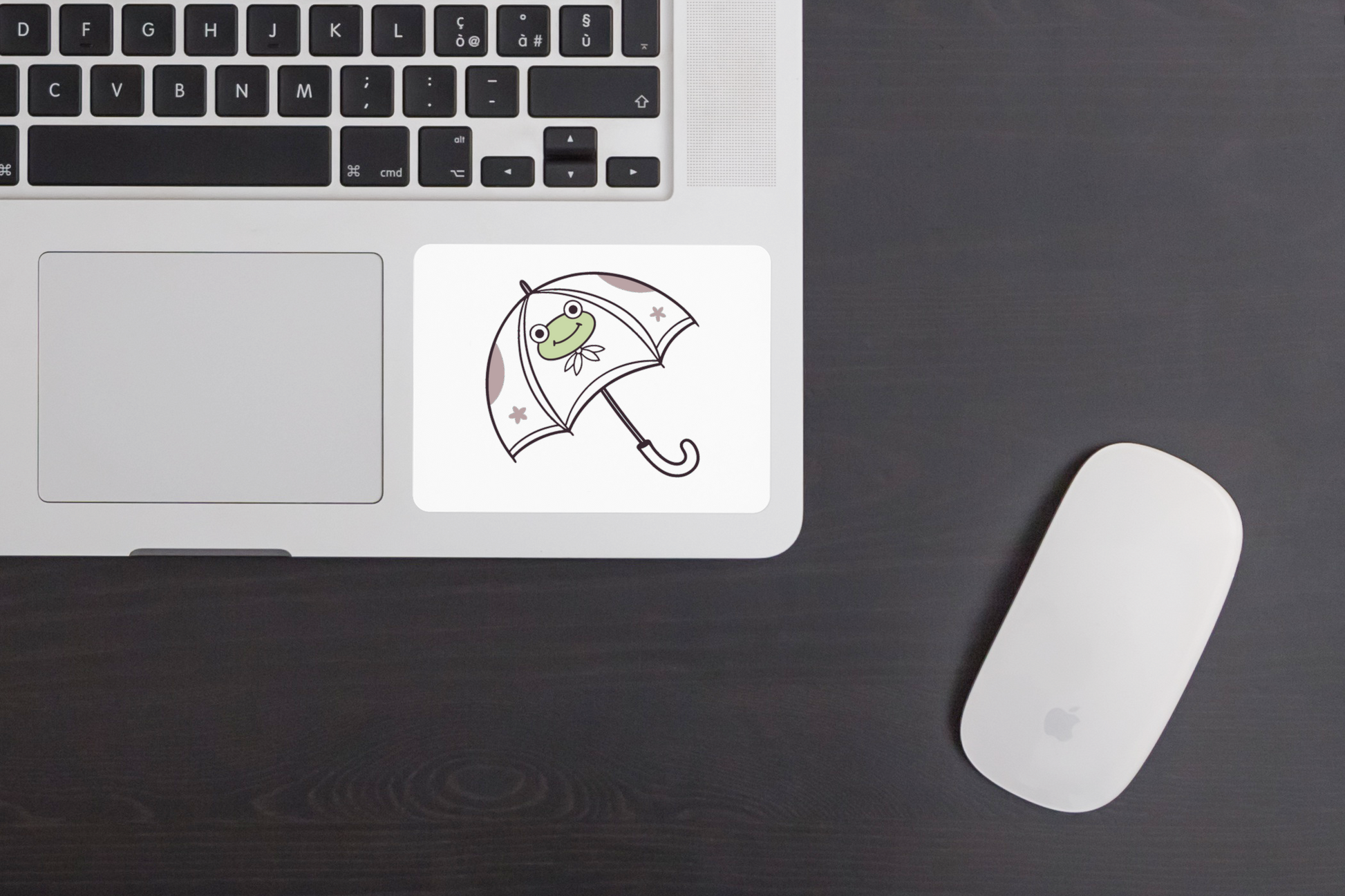 Sticker décoratif montrant une grenouille souriante sous un parapluie pastel iridescent